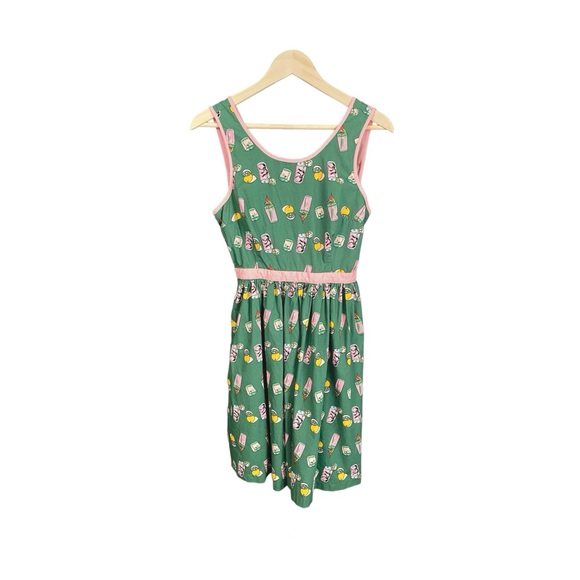 ModCloth Pink Lemonade Dress Green Background Tie Back Medium - Picture 2 of 6